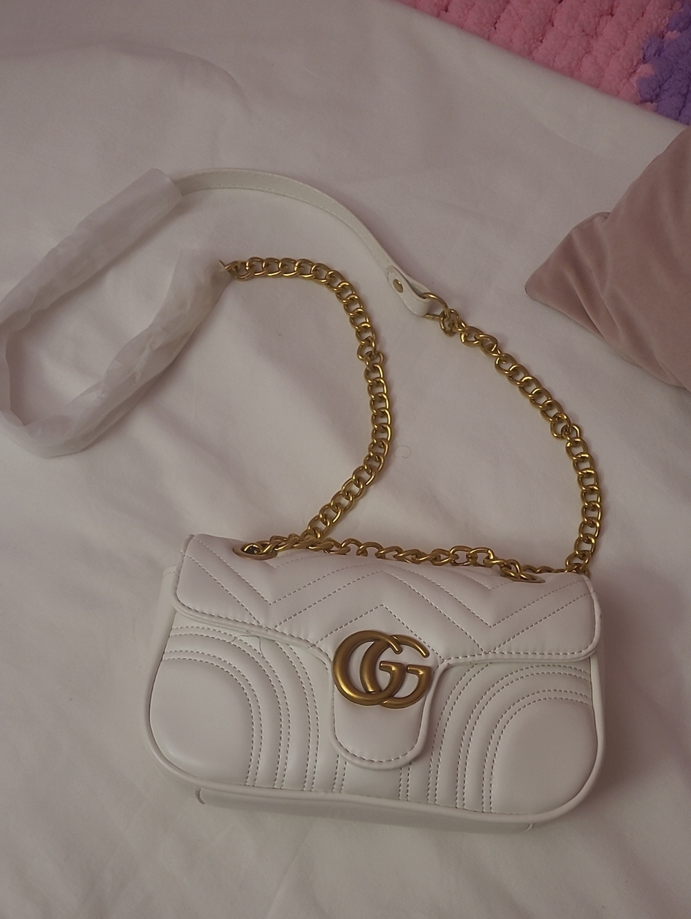 White Quilted GG Chain Shoulder Bag
